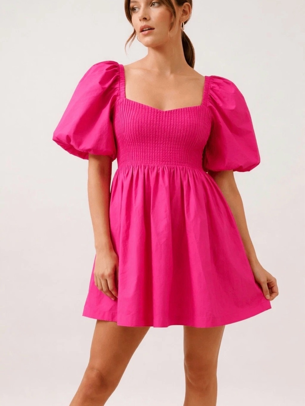 Hyacinth House Tuckernuck Fuchsia Puff Sleeve Smocked Babydoll Mini Dress L